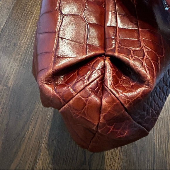 Furla Crocodile Embossed Leather 2 Handles Satchel Handbag Purse Tote Burgundy - Picture 5 of 17